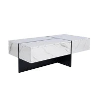 Tavolino Salotto Moderno con Sistema di Illuminazione a LED, Design in Marmo Sintetico con 3 Cassetti, 100x50x34.5 cm, Bianco