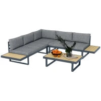 Set da Giardino 4 Pezzi in Alluminio con 2 Divanetti, Poltrona Angolare e Tavolino da Caffè, Grigio e Teak