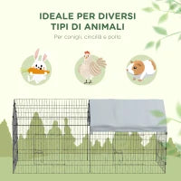 Gabbia per Conigli da Esterno e Interno a Casetta con Tettuccio, 220x85x103cm, Argento