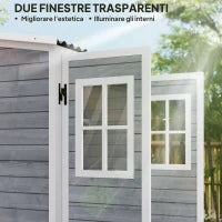 Casetta da Giardino in Legno con Ripiani Regolabili, Due Porte con Blocco e Finestre, Grigio
