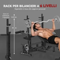 Panca da Palestra Regolabile con Supporto per Bilanciere, in Acciaio e PU, 210x110x103-123 cm, Nero