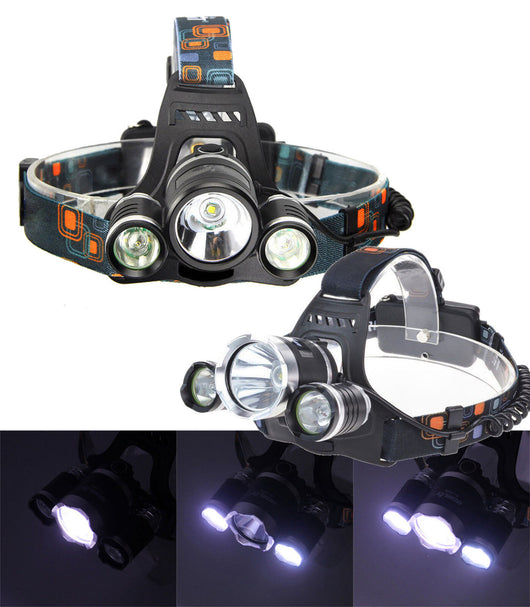 TORCIA LAMPADA FRONTALE LED RICARICABILE 3 LED 5000 LUMEN CREE T6 R5 RJ3000