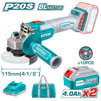 SMERIGLIATRICE ANGOLARE 115mm 20V+2 BATTERIE 4Ah+10 DISCHI X METALLO+BORSA TOTAL