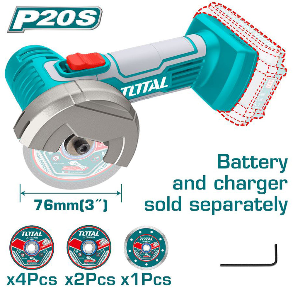 SMERIGLIATRICE ANGOLARE MINI 76mm 20V +7 DISCHI BATTERIA NON INCLUSA TOTAL