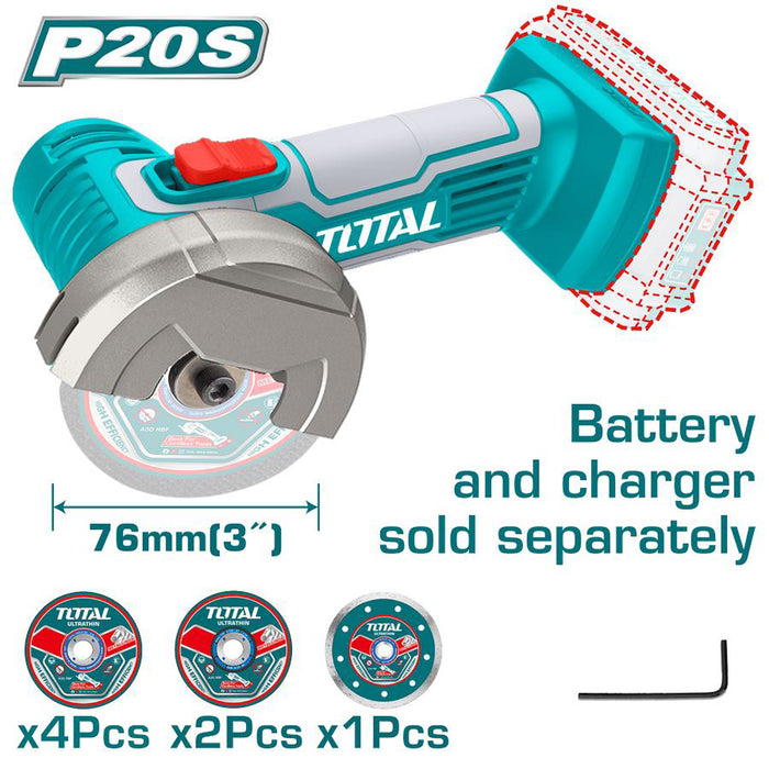 SMERIGLIATRICE ANGOLARE MINI 76mm 20V +7 DISCHI BATTERIA NON INCLUSA TOTAL