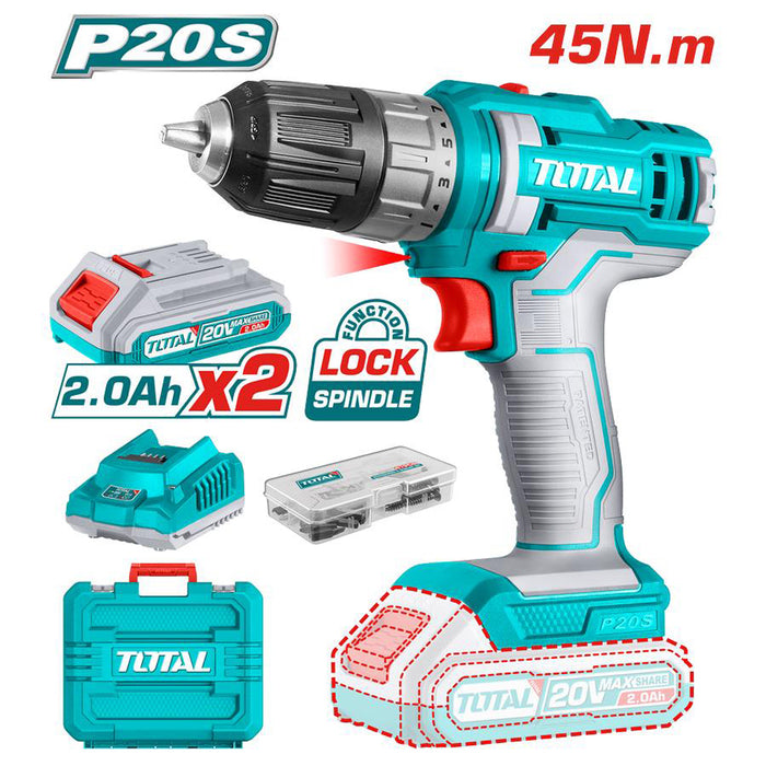 TRAPANO AVVITATORE A BATTERIA 20V 45Nm + 2 BATTERIE 2Ah + 47 ACCESSORI TOTAL