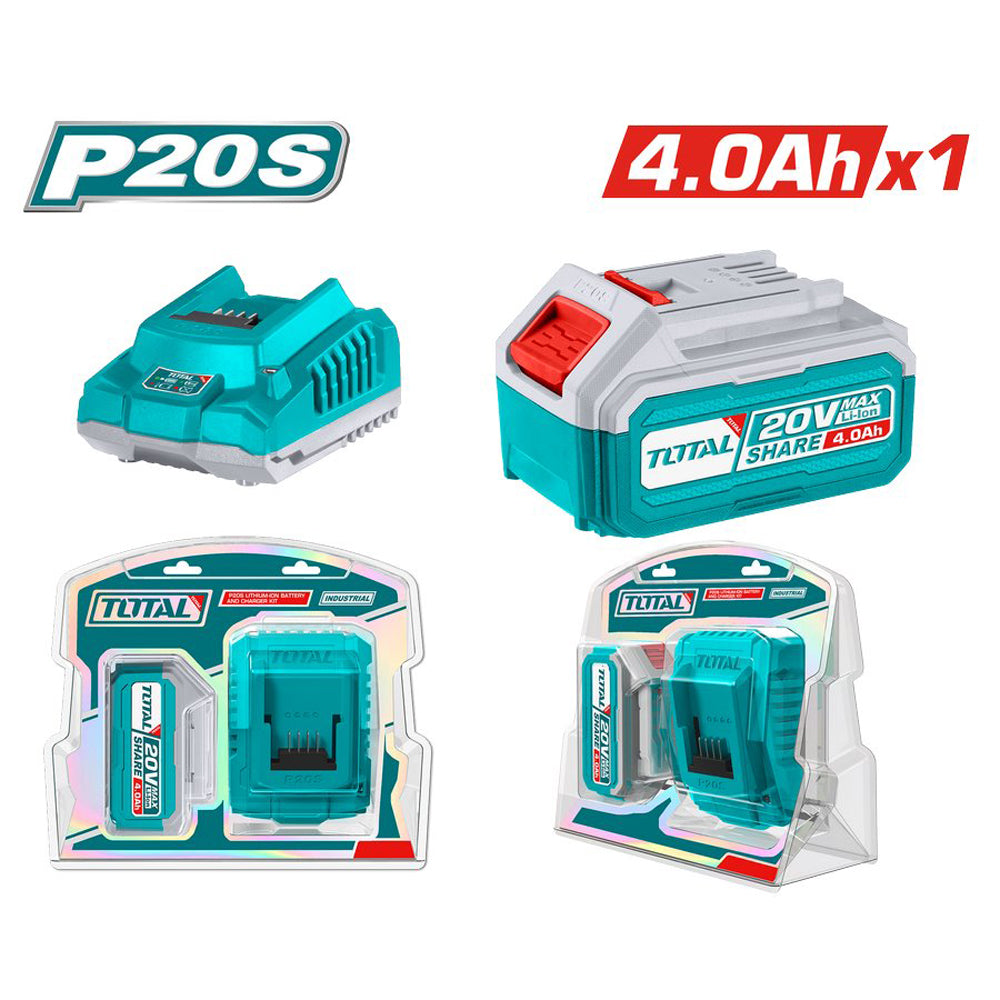 KIT SET 1PZ BATTERIA 20V 4Ah + CARICABATTERIE RAPIDO P20S IONI AL LITIO TOTAL