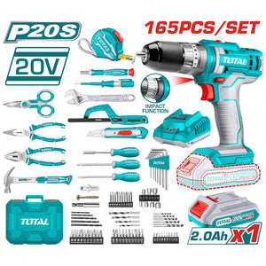 TRAPANO AVVITATORE A BATTERIA 20V 45Nm + BATTERIA 2Ah + 165 ACCESSORI TOTAL