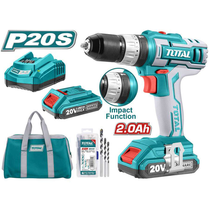 TOTAL TRAPANO AVVITATORE A PERCUSSIONE 2 BATTERIE DA 2Ah 45Nm + 50 ACCESSORI TOTTIDLI2002E