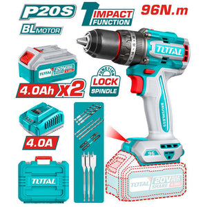 TRAPANO AVVITATORE A PERCUSSIONE 2 BATTERIE DA 4Ah 96Nm+CARICATORE+ACCESSORI TOTAL