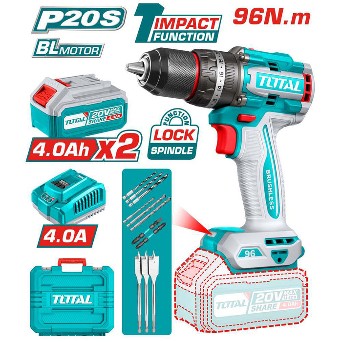 TRAPANO AVVITATORE A PERCUSSIONE 2 BATTERIE DA 4Ah 96Nm+CARICATORE+ACCESSORI TOTAL