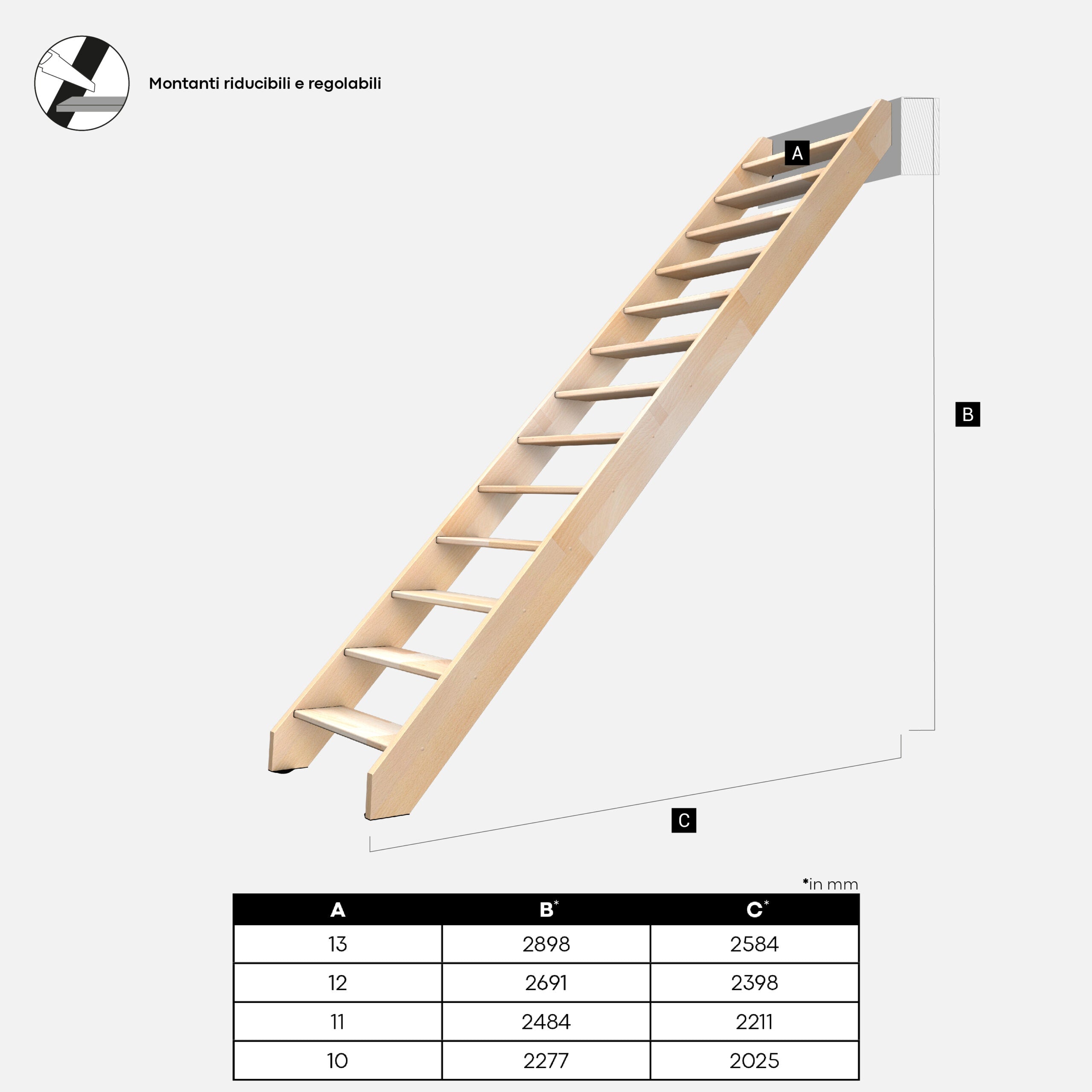 NOSTRA - Scala dritta in legno (faggio) con balaustra