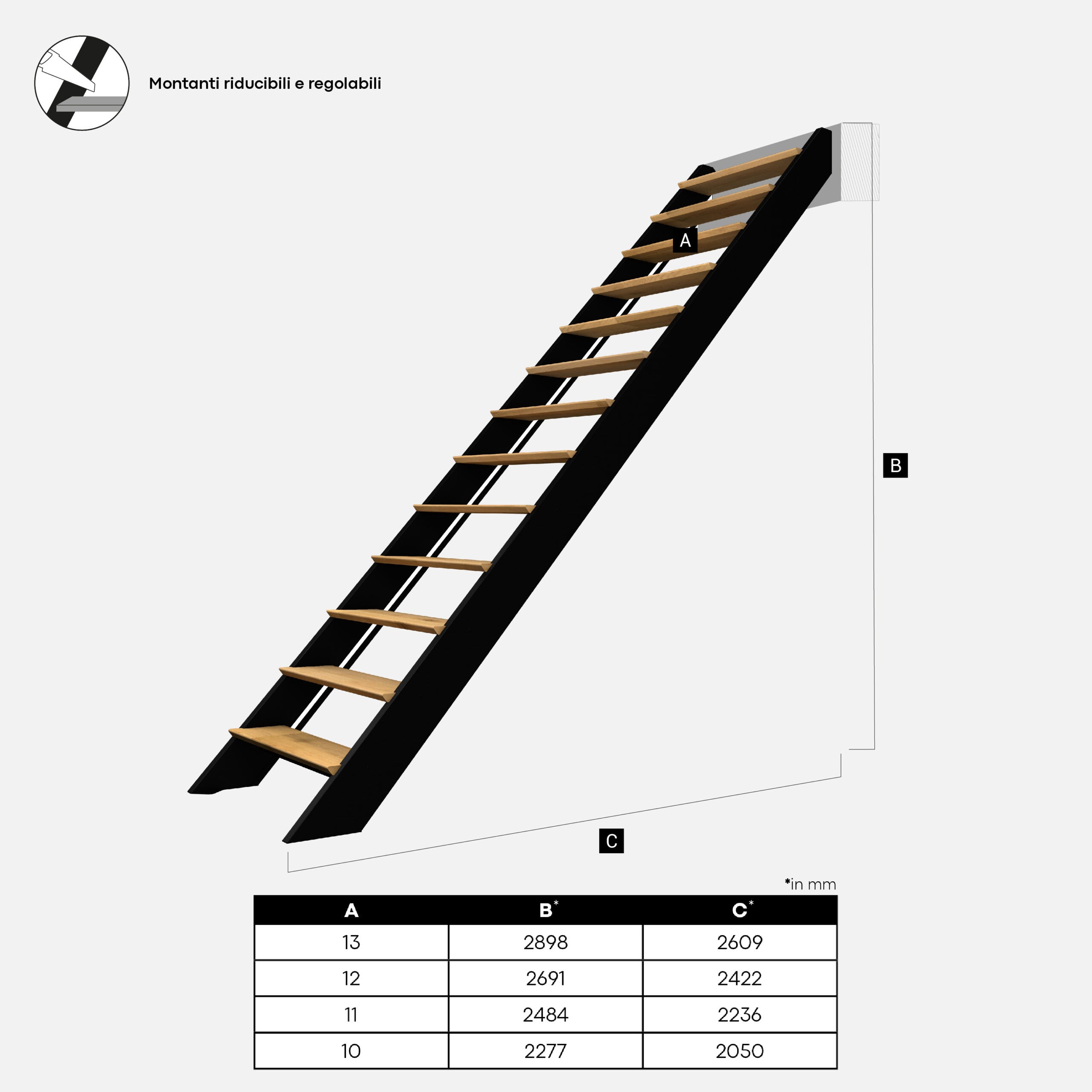 SPECTRA - Scala dritta in legno con LED integrati, nera con balaustra