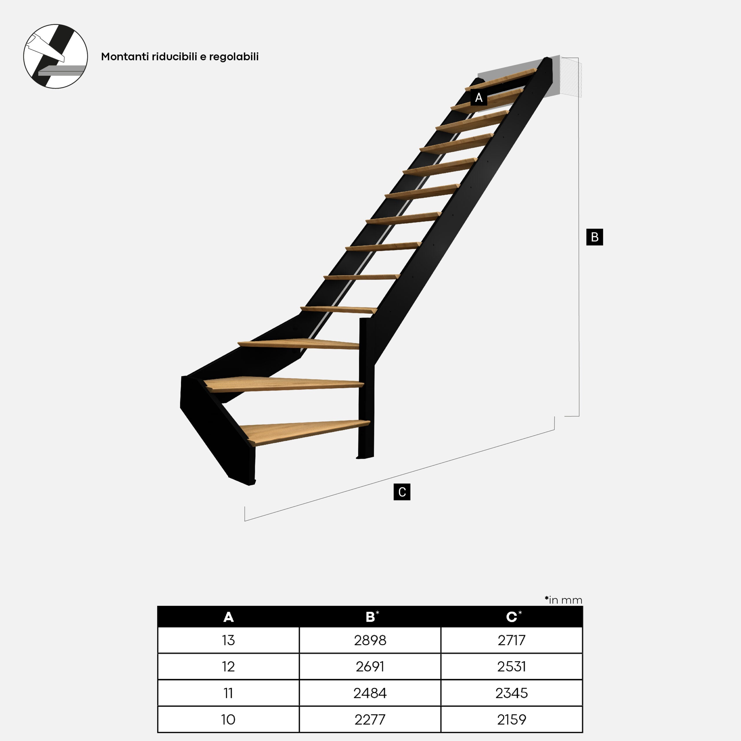 SPECTRA - Scala a chiocciola diritta con LED integrati, nera con balaustra