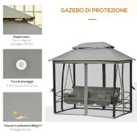Dondolo da Giardino 3 Posti Lettino e Gazebo Design 3 in 1 con Tettuccio, 256x172x248 cm, Grigio Scuro