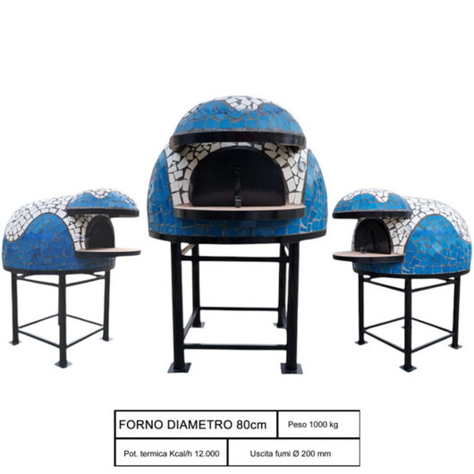 Forno legna artigianale mosaico bianco azzurro linea wave diametro 80 cm con base