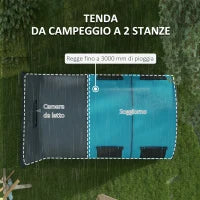 Tenda da Campeggio 3 Posti Impermeabile con Zona Notte e Giorno, in Poliestere, 480x260x200 cm, Grigio e Blu