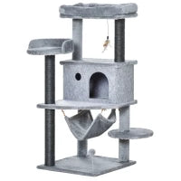 Albero Tiragraffi per Gatti con Palo, Casetta, Letto, Amaca e 2 Giochi in Legno e Peluche, 48x48x107 cm, Grigio