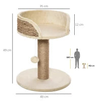 Albero Tiragraffi per Gatti con Lettino, Palo in Juta e Pallina Appesa, 40x40x49cm, Beige