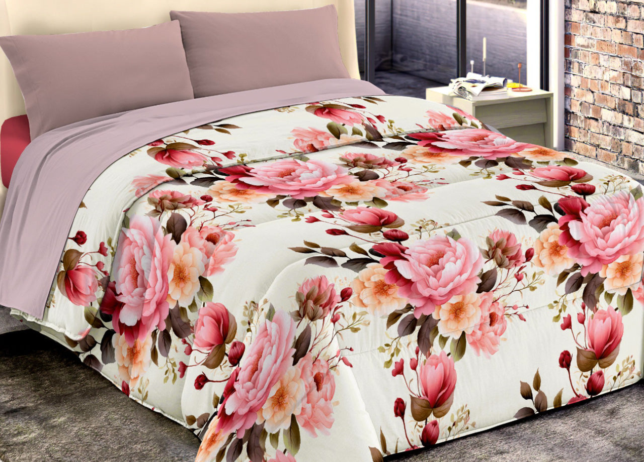 Trapunta Piumone Invernale Imbottita 300gr Microfibra Diadema Flower - 2 Piazze - D14 Rosa