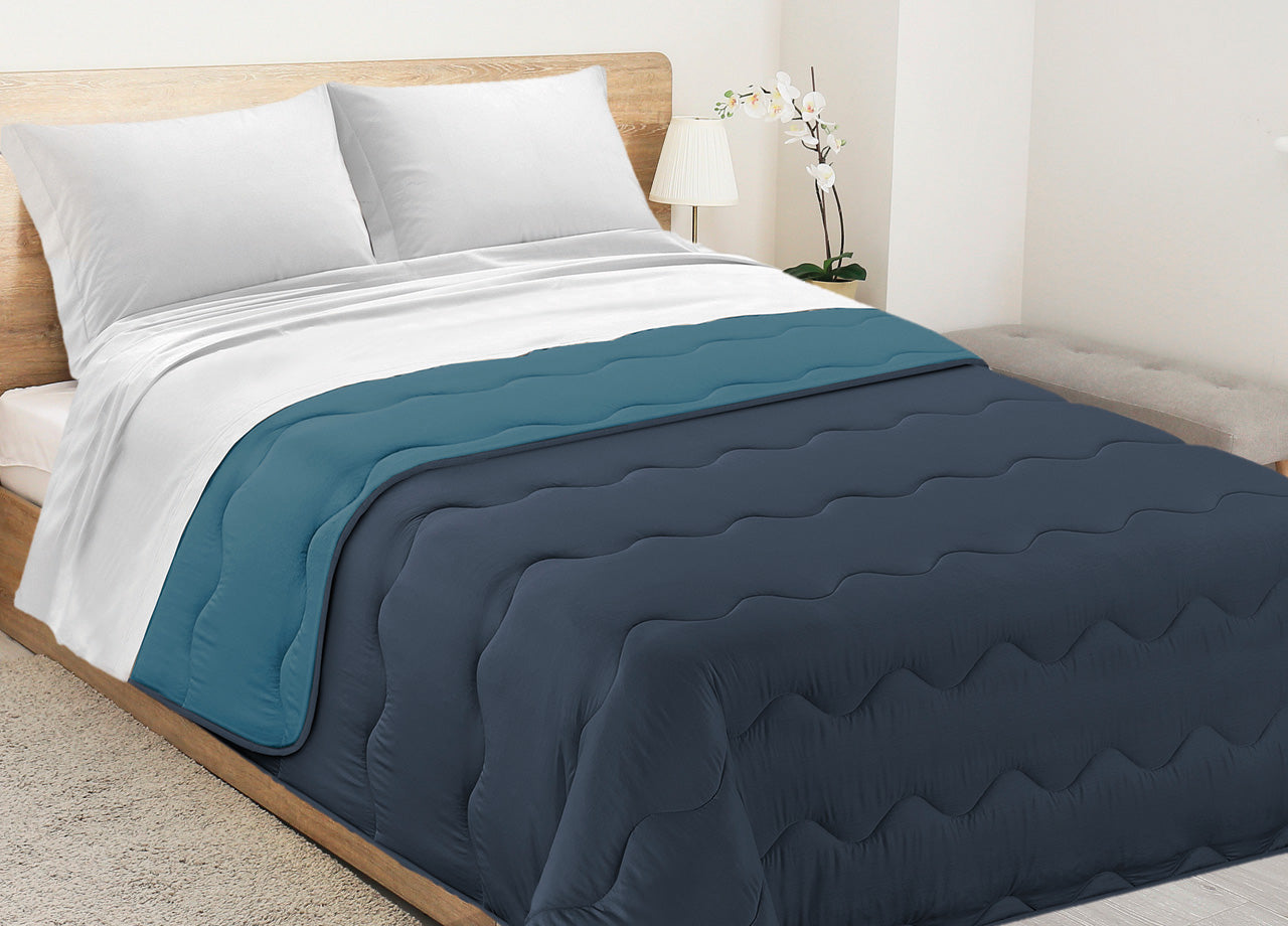Trapunta Piumone Letto Invernale Imbottita 300gr Microfibra Double Face Bicolor - 2 Piazze - Petrolio-Oceano