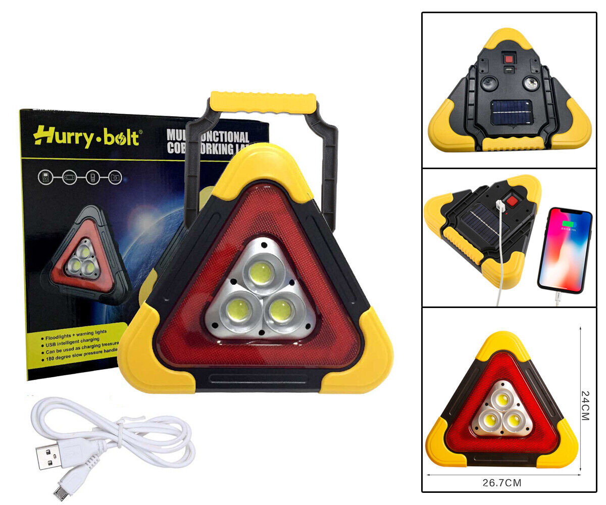 TRIANGOLO PER EMERGENZA STRADALE A LED STROBO RICARICA SOLARE USB 30W 24X26 CM