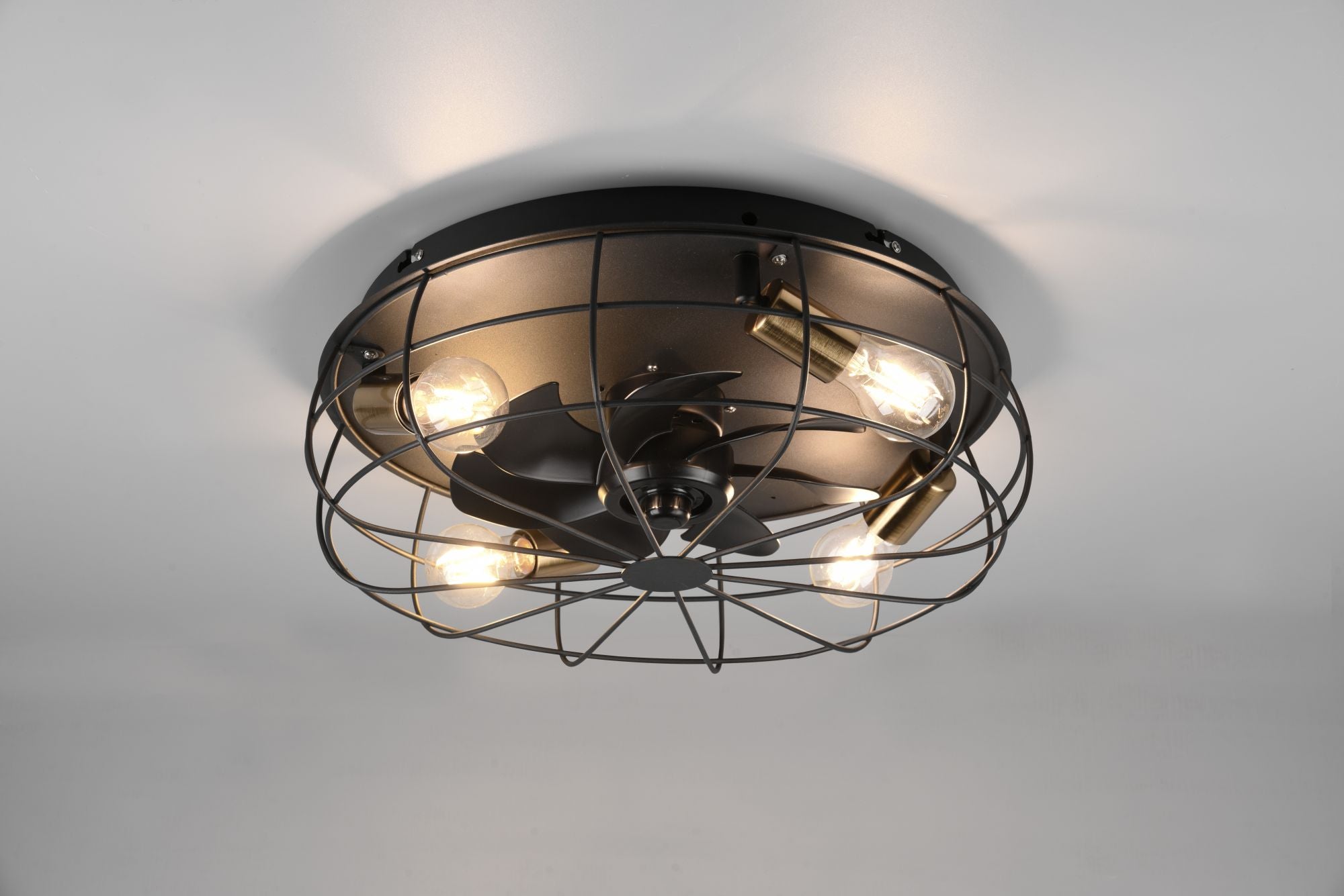 TRONDHEIM PLAFONIERA CON VENTILATORE GABBIA METALLO NERO OPACO CON TELECOMANDO MULTIFUNZIONE REGOLAZIONE 3 INTENSITA' E TIMER D.48,5CM 4 LUCI ATTACCO E27