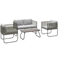 Set da Giardino Rattan con Divanetto 2 Posti, 2 Poltrone e Tavolino in Vetro, Cuscini Sfoderabili, Grigio