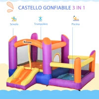 Castello Gonfiabile per Bambini da Giardino, Parco Acquatico Gionfiabile con Scivolo, Trampolino e Piscina , Multicolor, 280x 250x170cm