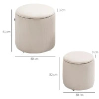 Set di 2 Pouf Contenitore Salvaspazio Rotondi e Imbottiti in Velluto a Coste, Bianco