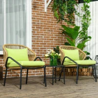 Set di Mobili da Giardino in Rattan, 3 Pezzi, Cuscini per Seduta e Schienale, Rattan Sintetico, Struttura Metallica, Verde