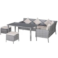 Set da Giardino a 5 Pezzi in Rattan e Acciaio Grigio con 2 Divani, Tavolino e 2 Sgabelli