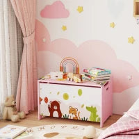 Baule Portagiochi per Bambini con Cerniere di Sicurezza in Legno con Disegni di Animali, 60x37x39 cm, Rosa