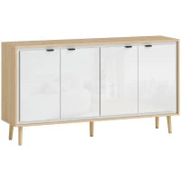 Credenza Moderna a 4 Ante con Ripiano Regolabile, 141x35x77 cm, Bianco Lucido e Rovere