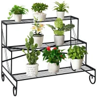 Portapiante in Ferro Battuto, Scaletta Porta Vasi da Esterno a 3 Livelli, Nero