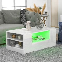 Tavolino da Salotto Moderno Lucido con 2 Cassetti, 2 Ripiani e Illuminazione LED, Bianco