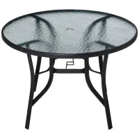 Tavolo da Giardino Rotondo con Foro per Ombrellone in Acciaio e Vetro, Ф106.5x71cm, Nero