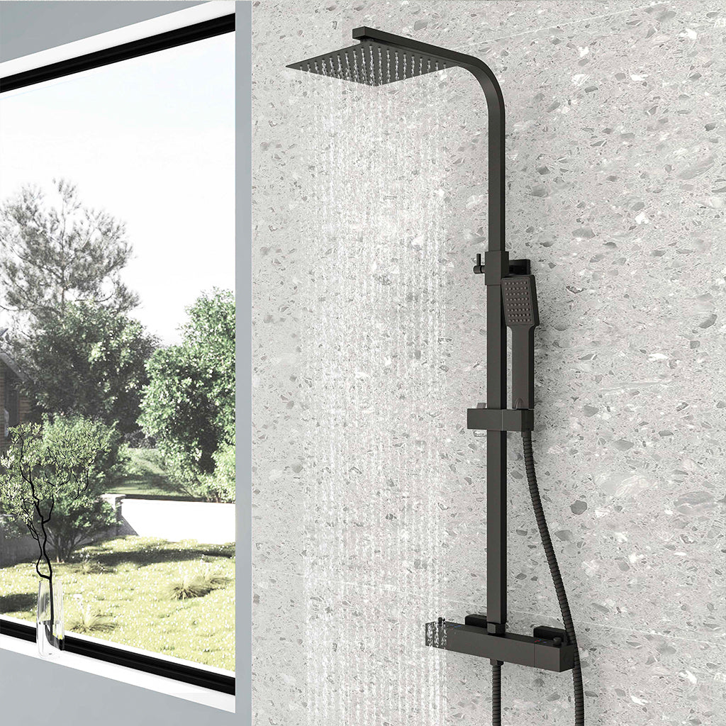 AICA Colonna doccia con miscelatore termostatico, rubinetto doccia rettangolare 28x4cm, soffione doccia quadrato 20x20cm in acciaio inox nero