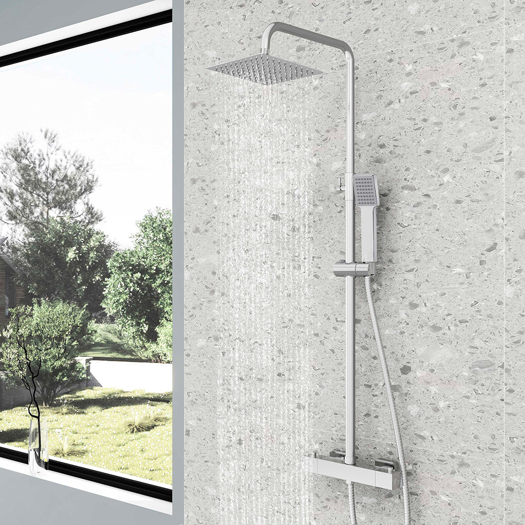 Colonna doccia multifunzioni, set doccia completo di soffione, doccetta e miscelatore termostatico regolabile, cromato