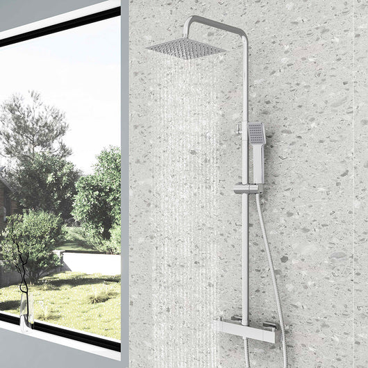 Colonna doccia multifunzioni, set doccia completo di soffione, doccetta e miscelatore termostatico regolabile, cromato