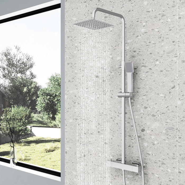 Colonna doccia multifunzioni, set doccia completo di soffione, doccetta e miscelatore termostatico regolabile, cromato