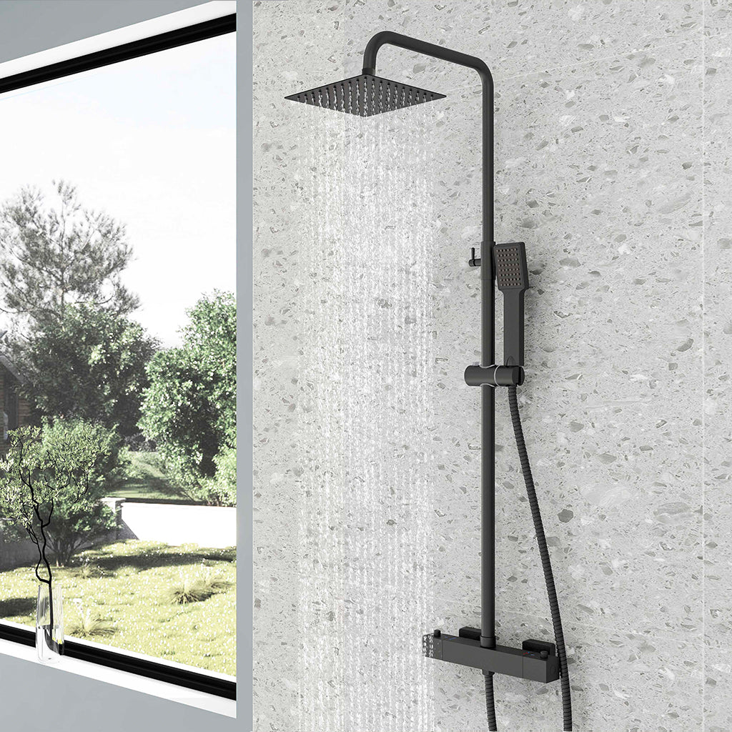 Colonna doccia multifunzioni, set doccia completo di soffione, doccetta e miscelatore termostatico regolabile, nero