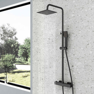 Colonna doccia multifunzioni, set doccia completo di soffione, doccetta e miscelatore termostatico regolabile, nero