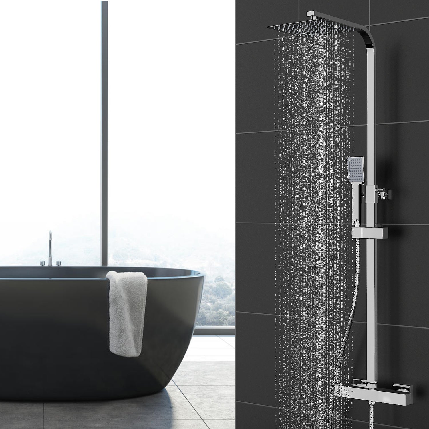 AICA Colonna doccia con soffione a pioggia, rubinetti doccia quadrati con miscelatore termostatico, cromo