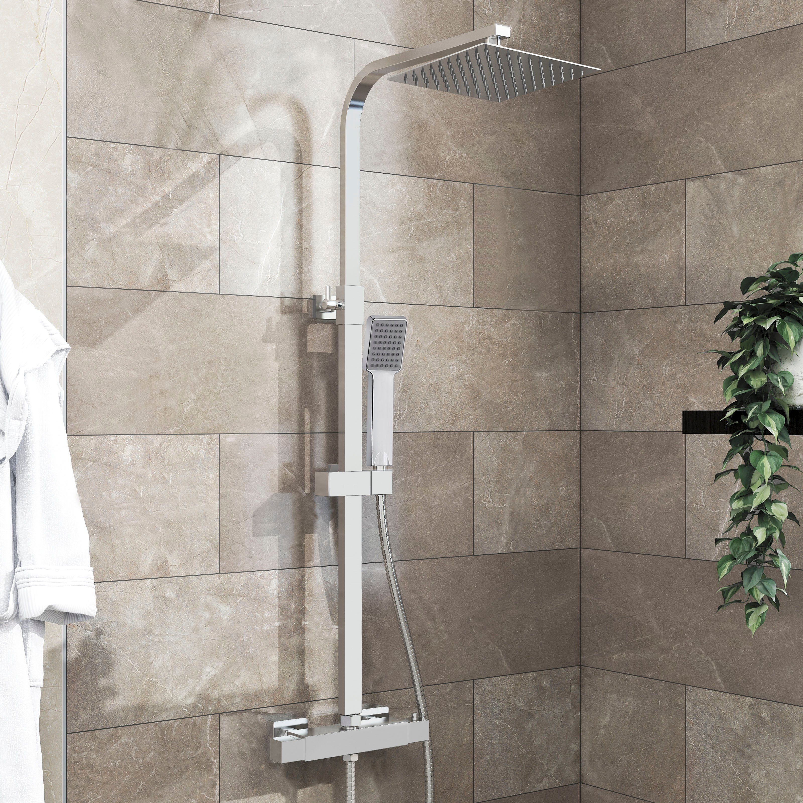 AICA ITALY Sistema Doccia Antiscottatura, Set Doccia con 20x20cm Soffione a Pioggia e 6x22cm Doccetta, Altezza Regolabile 80-120 cm Cromo