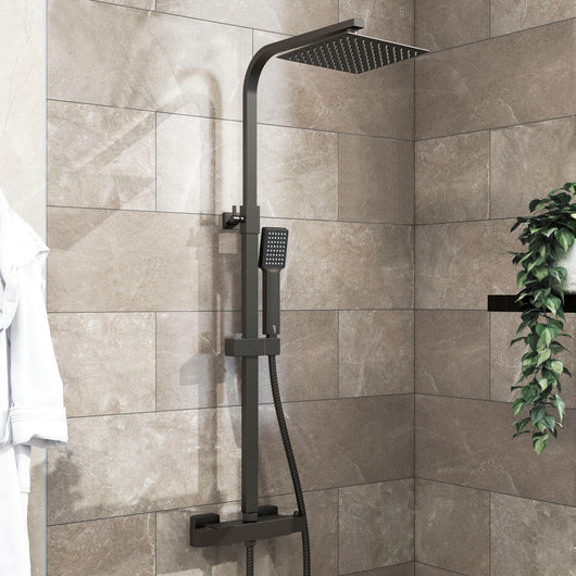 AICA ITALY Sistema Doccia Antiscottatura, Set Doccia con 20x20cm Soffione a Pioggia e 6x22cm Doccetta, Altezza Regolabile 80-120 cm Nero