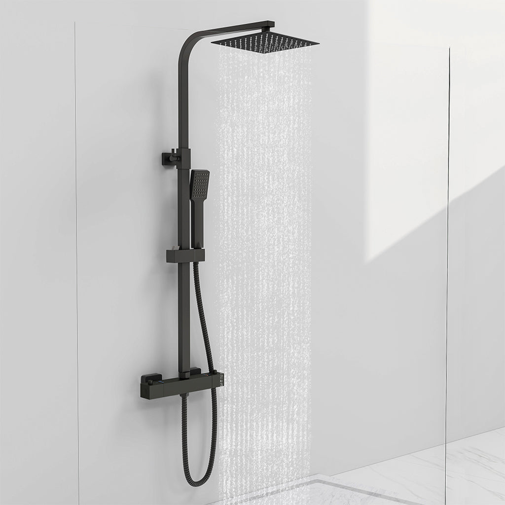 AICAIT Colonna doccia quadrata con soffione quadrato 20x20cm in acciaio inox nero, sistema doccia a 38℃ antiscottature