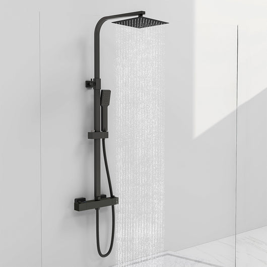 AICAIT Colonna doccia quadrata con soffione quadrato 20x20cm in acciaio inox nero, sistema doccia a 38℃ antiscottature