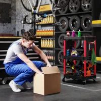 Carrello Porta Attrezzi a 3 Livelli in Plastica con Pannello Forato Laterale, Nero e Rosso