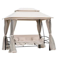 Dondolo 3 Posti e Lettino Singolo Copertura a Gazebo con Zanzariera e Cuscini 256x172x248cm Crema